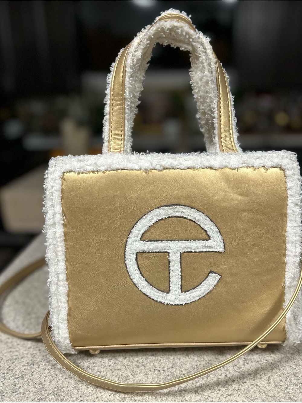 Telfar Metallic Gold Tote with White Bouclé Trim